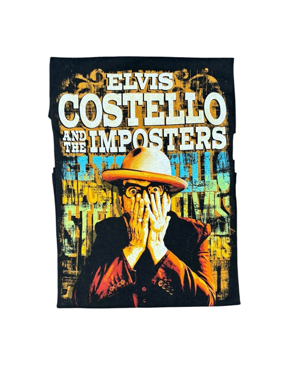 Elvis‎ Costello And The Imposters Tee Black with Yellow/Blue Print size Small
